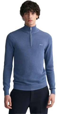 GANT Men's Cotton Pique Half Zip Pullover, Blue Mel Denim, XL