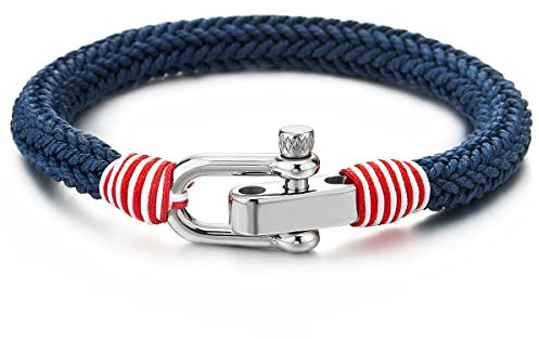 COOLSTEELANDBEYOND Große Blau Rot Weiß Schraube Anker Armband Damen Herren, mit Geflochtene Strap Baumwolle, Nautisch Matrose Wickeln