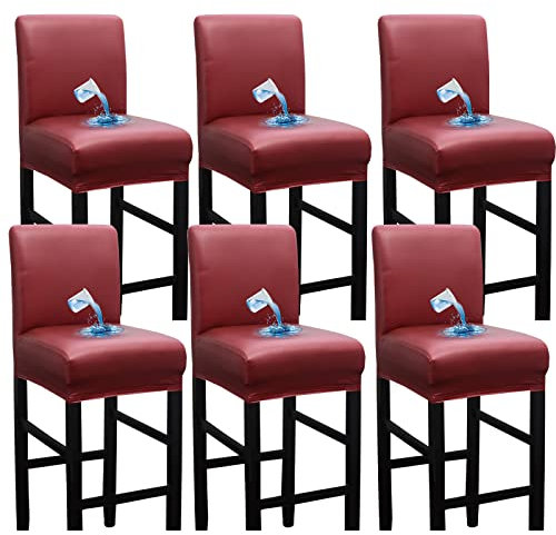 Bestenrose Wasserdicht Bar Stuhlhussen 6er Set PU Leder Stuhlbezug Barhocker Bezüge Stretch Hochhocker stuhlbezüge Abnehmbarer Stuhlbezug für Kurzen Esszimmerstuh (Weinrot, 6 Stück)