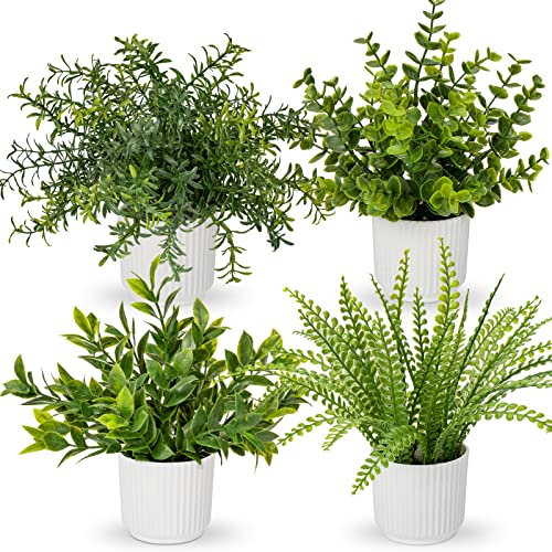 Oairse Juego de 4 plantas artificiales en maceta, plantas artificiales como eucalipto real, mini romero artificial, planta de helecho artificial para decoración, salón, decoración de mesa, baño,