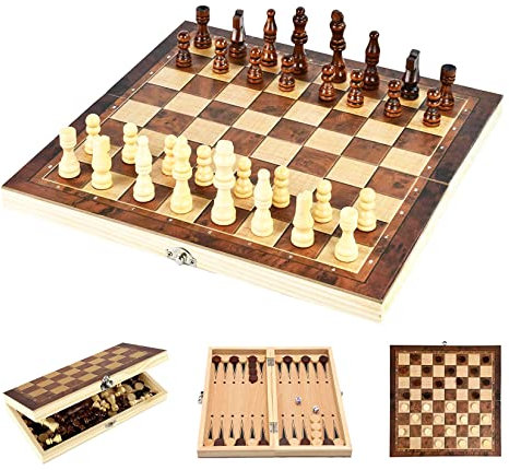 JurciCat Schach aus Holz Tragbares faltbares Schachspiel Schachbrett Holz Hochwertig 3 in 1 Chess Board Set für Familie Aktivitäten Party Erwachsene Kinder Reisen