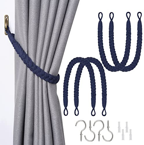 Pretty Jolly Vorhang Raffhalter aus natürlichem Baumwollseil, eleganter, dekorativer Vorhang-Raffhalter im Boho-Stil, weiche, handgewebte Seil-Vorhanghalter für Zuhause und Büro, Dunkelblau, 4 Stück