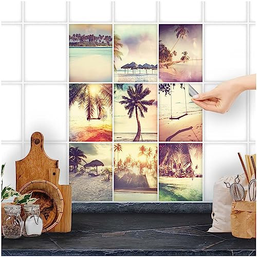 FoLIESEN Fliesenaufkleber für Bad, Küche, Badezimmer - Fliesen-Folie selbstklebend - Maritime Deko-Aufkleber - Beach-Collage, .:15x20 cm - 9-tlg.