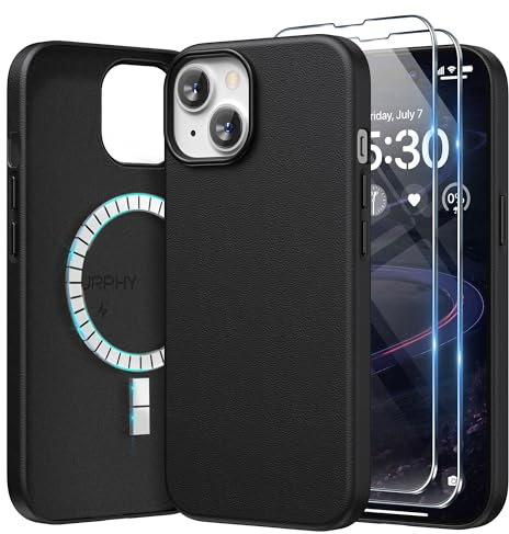 SURPHY Faux Leather Case for iPhone 15 Case with Screen Protector, Premium PU Leather Compatible with MagSafe [Metallic Buttons & Microfiber Lining] Cover for iPhone 15 6.1 inch, Black
