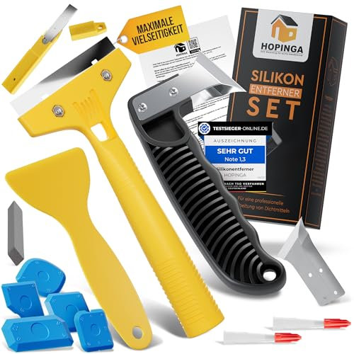 HOPINGA Profi Silikonentferner Werkzeug Set [23-teilig] mit V-Klinge aus Edelstahl | Fugenkratzer Fugenmesser mit wechselbarer Klinge | Fugenglätter Silikon Abzieher für Silikonfugen + Anleitung