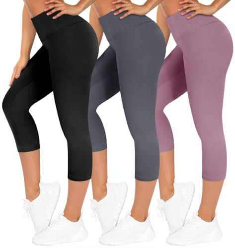 TNNZEET 3er Pack Capri Leggings Damen 3/4 für Sport, 7/8 Leggins High Waist Hose Sporthose für Gym Yoga(Schwarz/Helllila/Dunkelgrau,XXL)