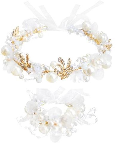Blumenkranz Haarschmuck Kommunion, Perlen Braut Kopfschmuck mit Armband, Blumenmädchen Haarschmuck Blumenkranz Haarrebe, Hochzeit Haarkranz Weiß Perle für Haarschmuck Damen und Mädchen Kinder
