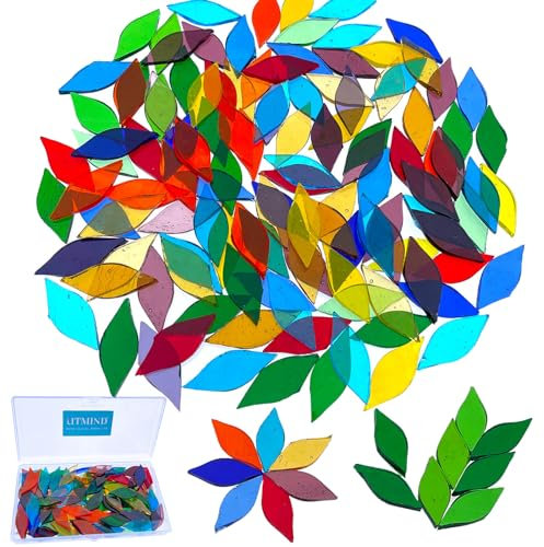LITMIND Mosaik-Glasblüten und Blätter, handgeschnittene Buntglas-Mosaikfliesen zum Basteln, ideal für Mosaik-Kunstprojekte und Heimdekoration, 120 Stück
