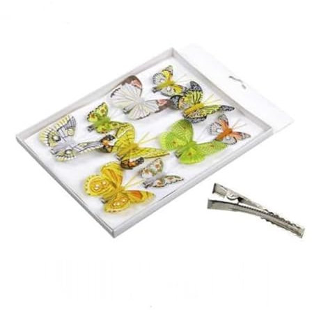 10 STK Feder Schmetterlinge Flieder gelb grün Weiss hellgrün o356 Hochzeitsdeko Federschmetterlinge mit Clip Klammer Deko Ostern Hochzeit Schmetterling Federn Anstecker Blumendeko