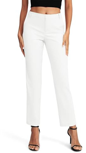 EXCHIC Donne Business Casual Elastica Vita Gamba Dritta Pantaloni con Tasche(S, Bianco)