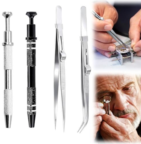 4 Stück Piercing Kugel Aufdreher Piercing Zange Pick Up Tool Prong Klaue Pinzette Abgewinkelte Grabber Diamant Locking Pins für Kleinteile Schmuck Metall Tiny Elektronische Komponenten Präzision Chips