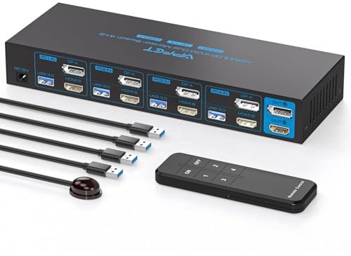 AILVLVNG 4K144Hz HDMI+Displayport KVM Switch 4 PC 2 Monitore 8K60Hz KVM-Switches 2 Monitors 4 Computer mit 4 USB 3.0-Anschlüssen zum Anschluss Unterstützt den Kopier-/Erweiterten Modus