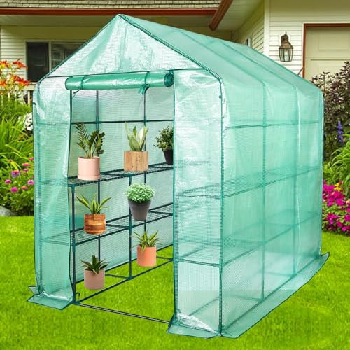 Lendo Online Serre avec Couverture imperméable en PE Vert Acier - Serre avec Porte-Plantes en Acier - Serre à Plantes (143x213x196cm)