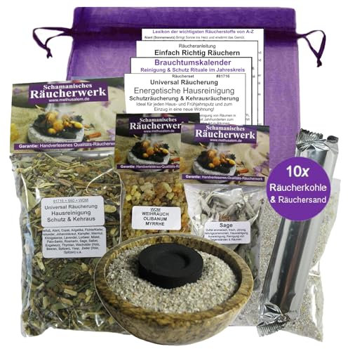ENERGETISCHE HAUSREINIGUNG + SCHUTZRÄUCHERUNG + KEHRAUSRÄUCHERUNG. 11-TLG Universal Räucherset. 3 x Räucherwerk mit Salbei Sage Weihrauch Olibanum Myrrhe UVM. 8 x ZUBEHÖR 8cm Räucherpfanne. 81716-P
