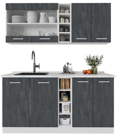 Vicco Singleküche R-Line, Küchenzeile Single, Schwarz Beton/Weiß, 160 cm AP Marmor