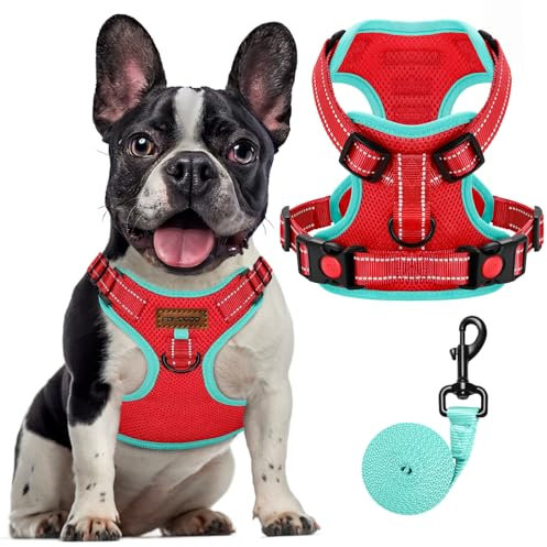 FAYOGOO Hundegeschirr, Kein Choke Front Clip Hund Reflektierendes Geschirr, No-Pull Verstellbare Weiche Gepolsterte Haustier Weste Set für kleine Mittlere Große Hunde Gehen (Rot, XL)