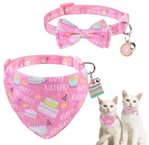 SCENEREAL Katzen-Halstuch-Halsband für Geburtstag – 2 Stück, Breakaway-Kätzchen-Halsbänder mit Glöckchen-Fliege, Zubehör für Haustiere, verstellbar, niedlich für Katzen und kleine Hunde, Jungen