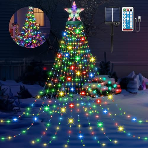 HELESIN Solar Weihnachtsbaum Lichterkette mit Ring, Stern und 16 Stränge, 410er LED 8 Modi USB aufladbar Tannenbaum Lichterkette für 150cm bis 250cm Weihnachtsbaum Beleuchtung Deko Aussen Mehrfarbig