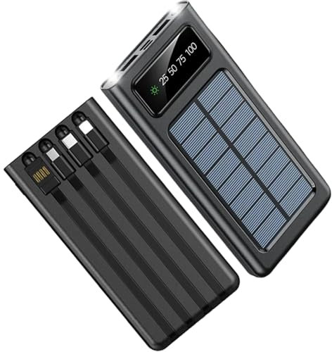 Taoxiwave Power-Bank - Caricatore solare da 20000 mAh, batteria esterna di riserva da campeggio, caricabatterie veloce da pannello solare con doppia torcia e 4 cavi USB (nero)