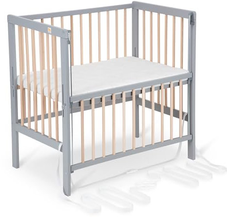 FabiMax Baby Beistellbett für Boxspringbett Flex Grau/Natur, stufenlos höhenverstellbar, Buchenholz massiv, naturbelassen, inkl. Matratze Comfort