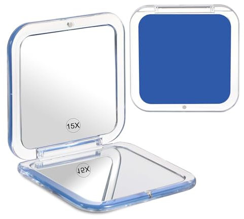 Dimeho Faltbarer Makeup Spiegel mit 15-facher Vergrößerung Doppelseitig Kosmetikspiegel Tragbarer Reisespiegel Kleiner Taschenspiegel Reise Kompaktspiegel für Handtaschen Büro Damen (Blau)