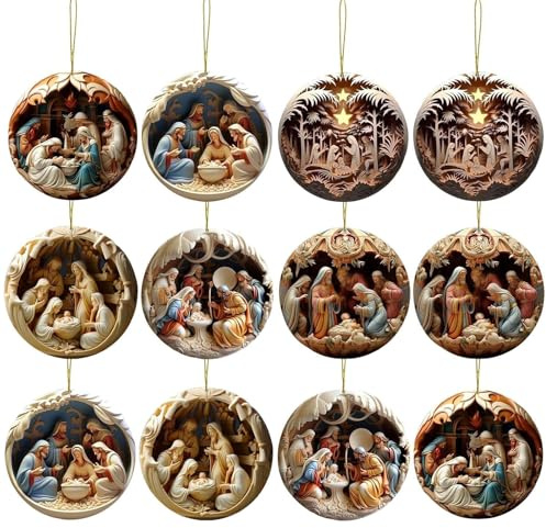 KFSCIP 12 Pcs Nativity Scene Set, Christmas Ornaments, 3 * 3 In, Easter Wooden Ornaments, For Christmas Tree, Wall, Window
