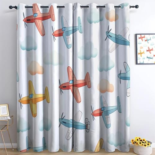 Generisch Blickdicht Vorhang Ösenschal Verdunkelungsvorhang 3D Cartoon-Muster Flugzeuge Wolken Gardinen Kinderzimmer Wohnzimmer Thermovorhang Polyester Vorhänge 183 x 117 cm 2Er Set