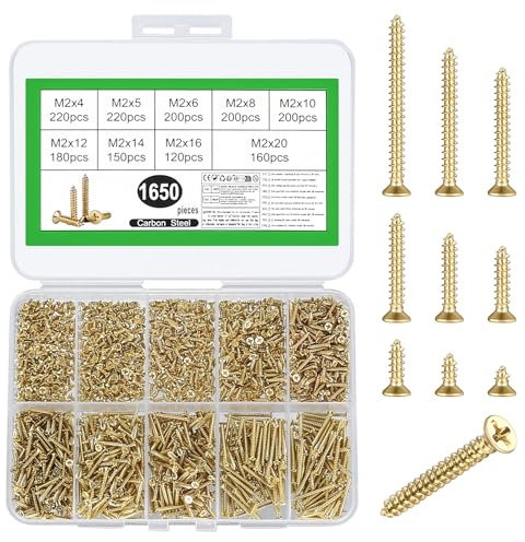 1650 Pz M2 Viti per Legno, Set di Viti Autofilettanti per Legno, Piccole Viti a Testa Piatta a Testa Croce, Kit Assortimento Viti a Testa Svasata Croce per Cartongesso Plastica Mobili(Oro)
