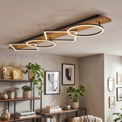 HOFSTEIN LED Deckenleuchte Pompu, Deckenlampe aus Metall/Holz/Kunststoff in Schwarz/Holz hell/Weiß, 3000 Kelvin, moderne Leuchte mit Holzbalken für Schlafzimmer, Esszimmer, Wohnzimmer, Küche, Flur
