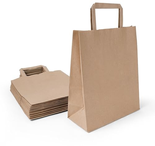 Inoverse Papiertüten mit Henkel 22+10x36cm 50 Stück, Papiertaschen Braun | Kraftpapier, große Einkaufstüten, Papiertragetaschen, für Einkaufen, Einzelhandel, Geschenke, Waren, Mitgabe und Take-away