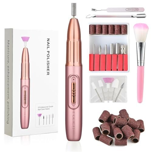 OKYUK Electric Nail Drill Cordless, 13 in 1 Nail Kit, 5 Speeds Portable Nail File, Electric Nail Files for Acrylic, Hard Skin, Gel Nails, Nail Art DIY, Nail Drill Cuticle Remover Tool Sets (Pink)