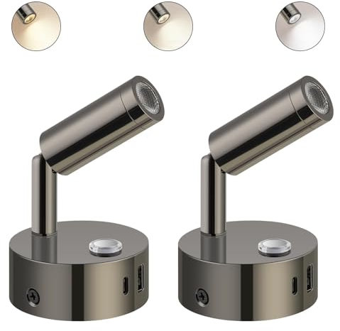 ERWEY 2er LED Leselampe 12V Wohnmobil,Wandleuchte Bettlampe mit Schalter Touch Dimmbar 3000K-6000K, DC 12V-24V Spot Innenbeleuchtung mit USB A+C-Anschlüssen für Boot Auto Van Yacht (Glanz Schwarz)