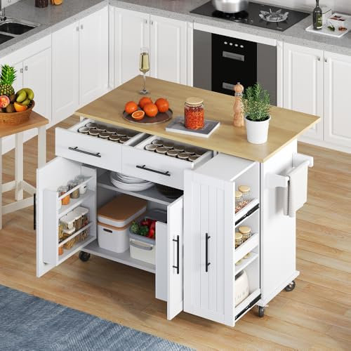 Postre isla de cocina con ruedas y mueble de cocina con encimeras abatibles, portapaños de cocina, 2 cajones, 2 puertas con almacenamiento con estante, organizador deslizante de 3 niveles
