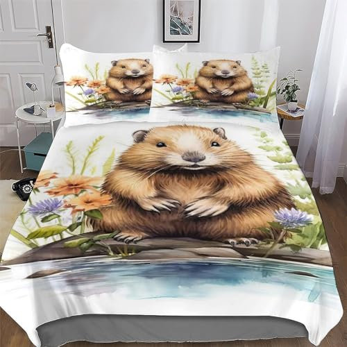Juego de ropa de cama de castor, funda de edredón suave para niños, niñas, niños y adolescentes, 2 piezas con funda de almohada, ropa de cama acogedora para cama individual (135 x 200 cm)