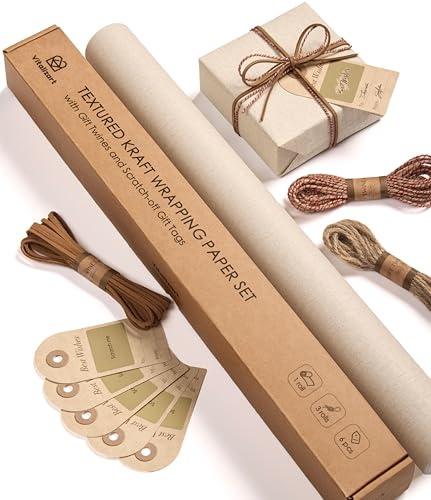 Vitalizart Kraft Geschenkpapier Rolle 43 cm x 5 m mit Schnur Bänder & Geschenkanhänger Extra Dick Beige All-in-One Set für Weihnachten Geburtstag Baby Dusche Hochzeit Geschenkverpackung