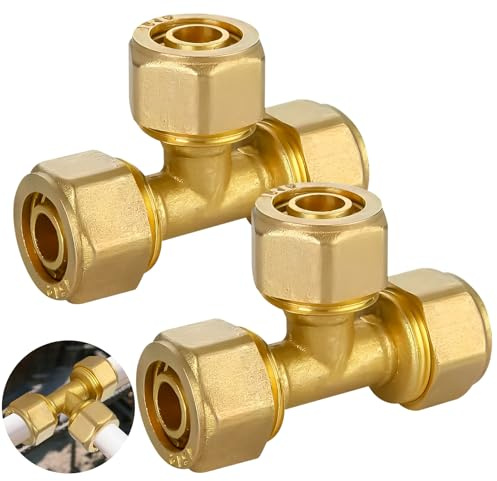 2 Stück Schraubfitting T Stück 16 x 2,0mm, Messing Klemmverschraubung für Kupferrohr, Klemmringverschraubung für Aluverbundrohr und Mehrschicht-Verbundrohr