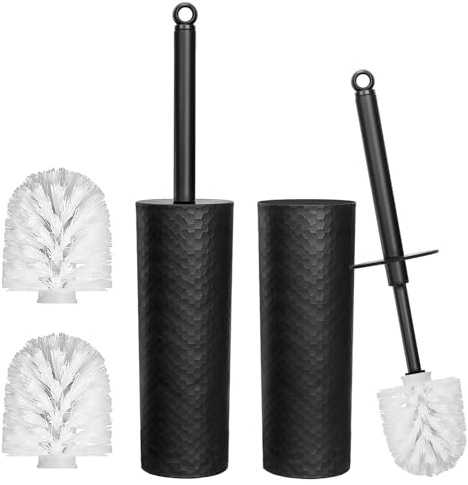 Topsky 2 Pack Closed Toilet Brush and Holder with 2 Replacement Heads Black | Compact Round Barrel Plastic Loo Brush, Stiff Bristles for Deep Clean, Space-Saving, Hygienic Bathroom Essential