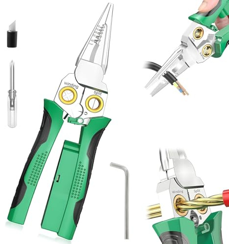 AURIVEE Pinza Spelafili Multiuso 8 in 1 con Tester di Tensione, Pinza per Taglio, Spelatura e Crimpatura, Tester AC/DC 12-250V per Filo Phase/Neutro, Attrezzo per Elettricisti