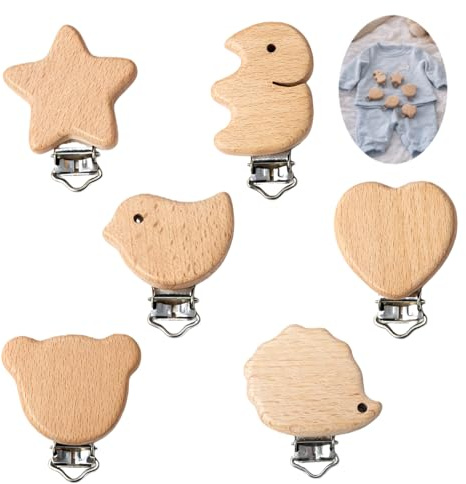 6 pezzi Clip in legno naturale con chiusura in metallo, mollette decorative con motivi, clip versatili per fai da te, organizzazione, decorazione & casa