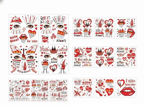 12x Karneval Tattoos Köln Set – Rot-Weiße Temporäre Gesichtstattoos für Kölle Alaaf & Fasching Kostüme, Wasserfeste Aufkleber für Damen, Herren & Kinder, Karnevalszubehör Accessoires