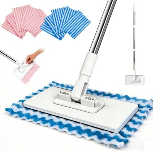 Flat Mop with 10 Reusable Microfibre Cloths, Automatic Cloth Change System, Wet & Dry Mop for Floor Wall & Window, No Bucket Needed, Household Cleaning Tool (Blue/Pink)