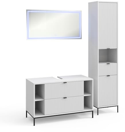 Vicco Badmöbel-Set Eliza, Weiß, 100 cm, besteht aus Waschbeckenunterschrank, Spiegelschrank und Hochschrank