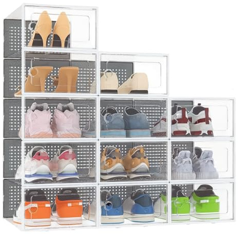 AH Living Shoe Storage Box, 12 Pack, Stackable Shoe Boxes, Plastic Shoe Organisers with Lids, Breathable, Suitable for Women’s/Men’s Shoes, Fits up to UK 11 (White, Large)