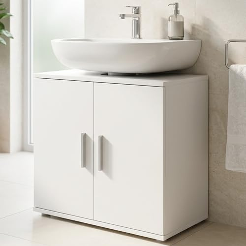 Home Collective Waschbeckenunterschrank Badezimmerschrank Badschrank Badmöbel mit 2 Türen, herausnehmbarem Einlegeboden und verchromten Griffen, Made in Germany, Weiß, 70 x 60 x 34 cm