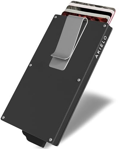 AKIELO Kartenetui mit RFID Schutz, Geldklammer und Geschenkbox – Minimalistische Geldbörse Herren – Kompakte Wallet und Kontaktloser Kreditkartenschutz (Alpha - Titan Ausgabe mit Geldklammer)