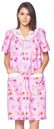 Casual Nights Women's Snap Front House Dress Short Sleeve Woven Housecoat Duster Lounger Robe, Floral Pink, X-Large