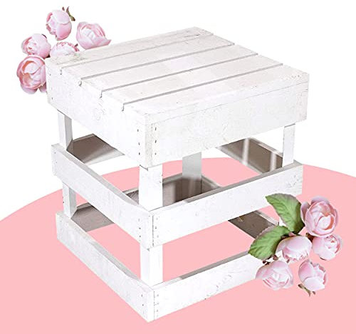 Moooble Weißer Hocker aus Holz 42cm x 42cm x 45cm Sitzgelegenheit weiß Obstkisten Stuhl Shabby chic Weinkiste aus dem Alten Land Vintage Gartenmöbel Tisch Natur DIY