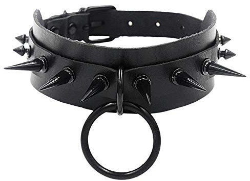 Jurxy Lederhalsband Halskette Kreis Nietkragen Damen Leder Choker Metall Ring Halsband Gotik Punk Rock Lederband Einstellbar Kragen mit Schwarz Besetzt - Doppelschicht mit Niet