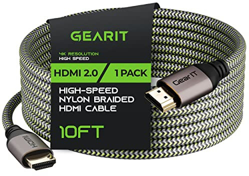 GEARit 4K HDMI Cable, (1-Pack / 10ft / 3m) High-Speed HDMI 2.0b, 4K 60hz, 3D, ARC, HDCP 2.2, HDR, 18Gbps - Nylon Braided Cord