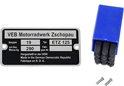 Typenschild für MZ ETZ 125 mit Schlagzahlen und Kerbnägeln
